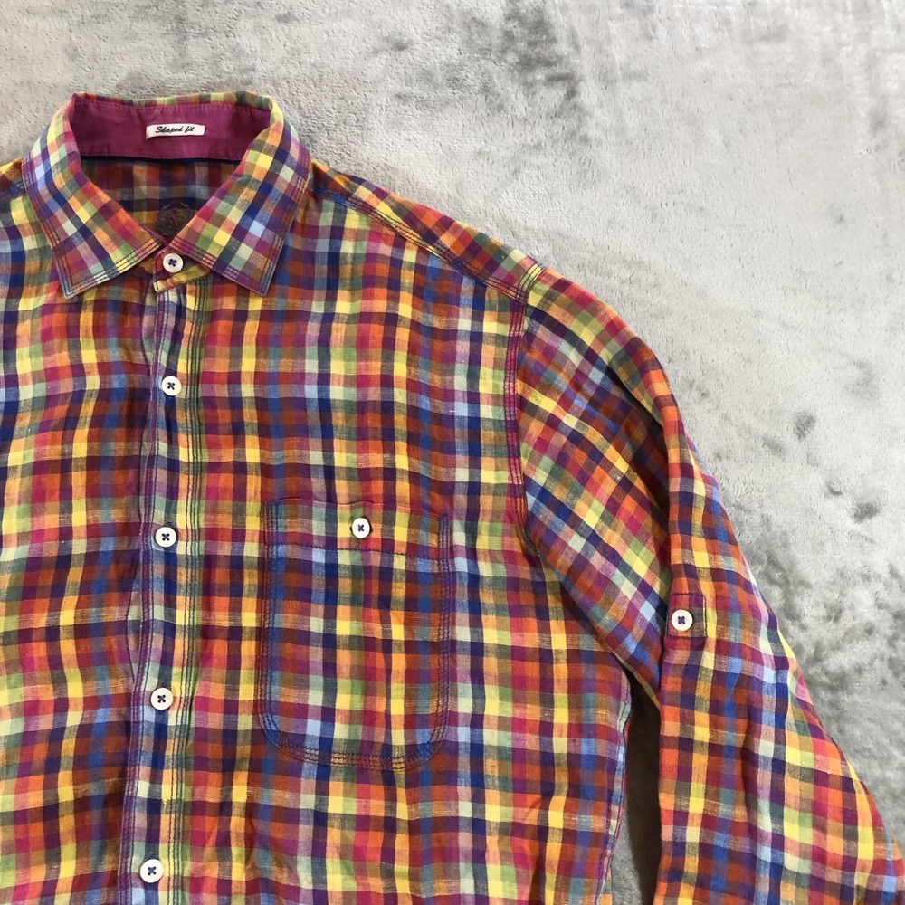 Bugatchi Uomo Shirt Mens Medium Multicolor Linen Long Sleeve Button Front - Picture 4 of 16